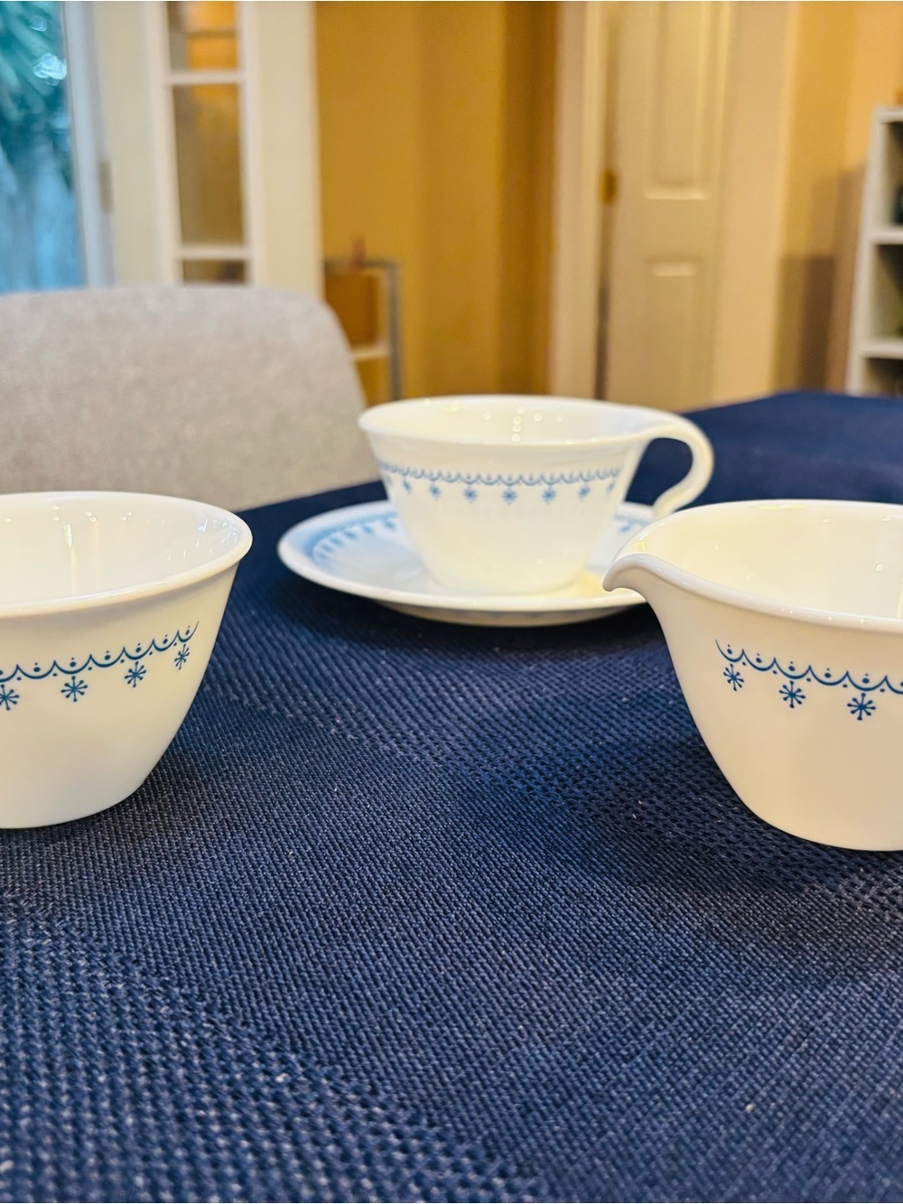 Corelle Snowflake hook handle cream/sugar and cup/saucer set